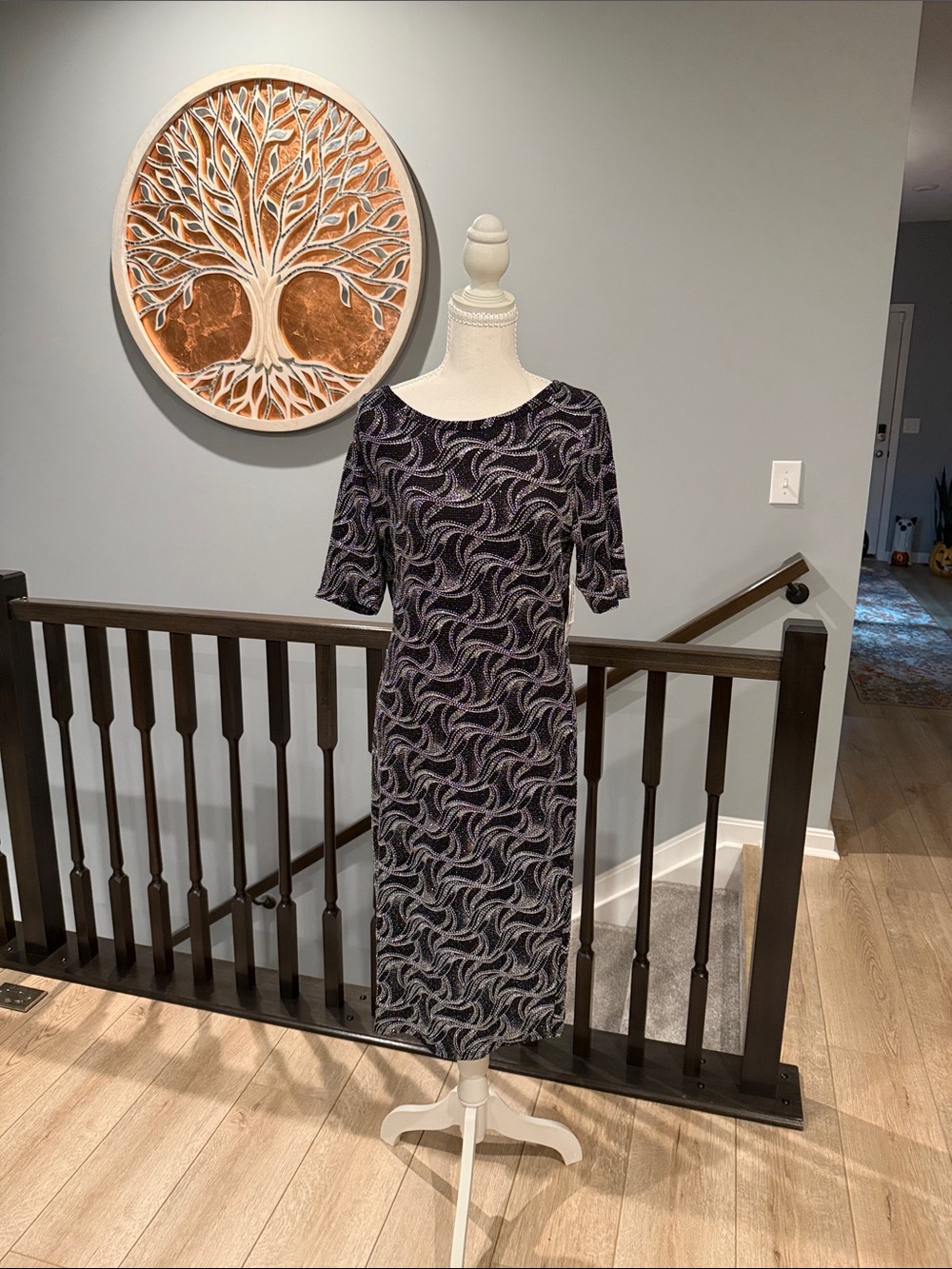 Lularoe Julia Classic Scoop Neck Midi Dress in Black and Silver Metallic Swirl